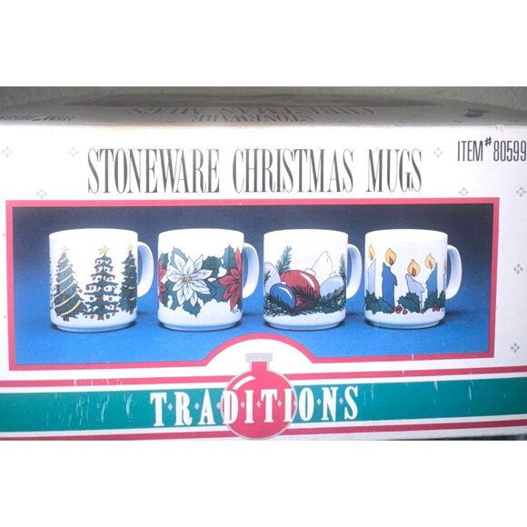 Stoneware Christmas Mugs Set Of Four Festive Holiday Ceramic Drinkware - Picture 2 of 4